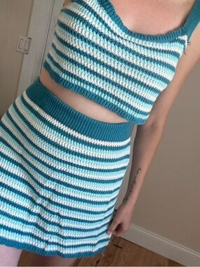 Striped Knit Crop Top & Skirt Set — Teal and White